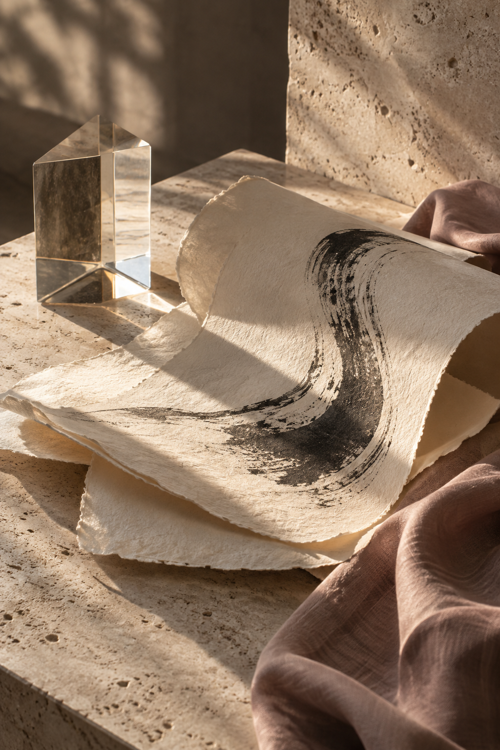 Charcoal brushwork on handmade paper in a warm, sunlit atelier